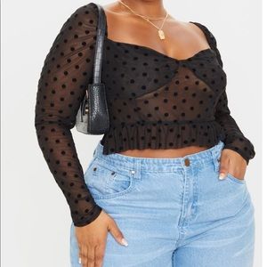 Plus Black Polka Dot Mesh Long Sleeve Top